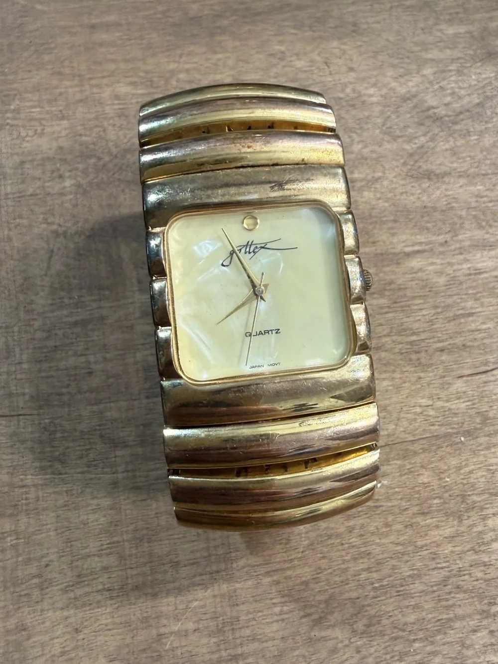 Vintage Gottex Gold Tone Cuff Watch Mother of Pearl Dial Quartz Stretch Band